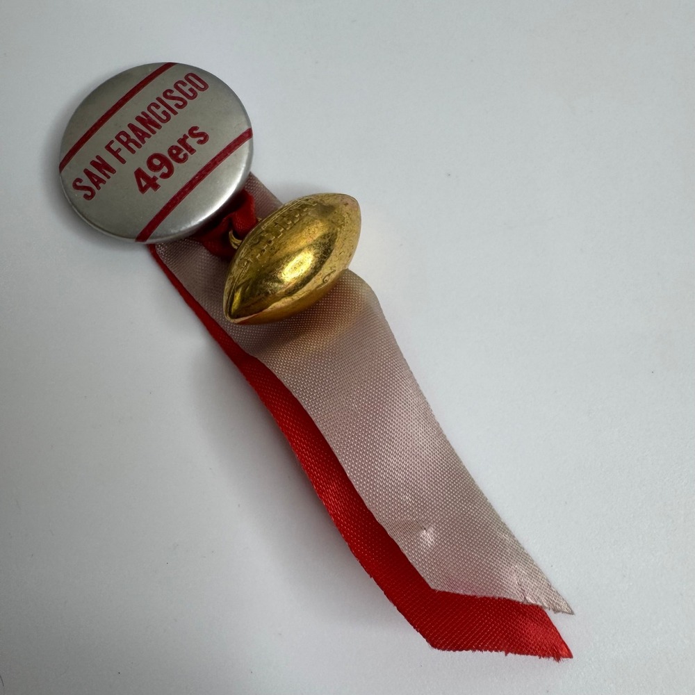 Vintage San Francisco 49ers Pinback Button Ribbon Gold Tone Football Charm NFL